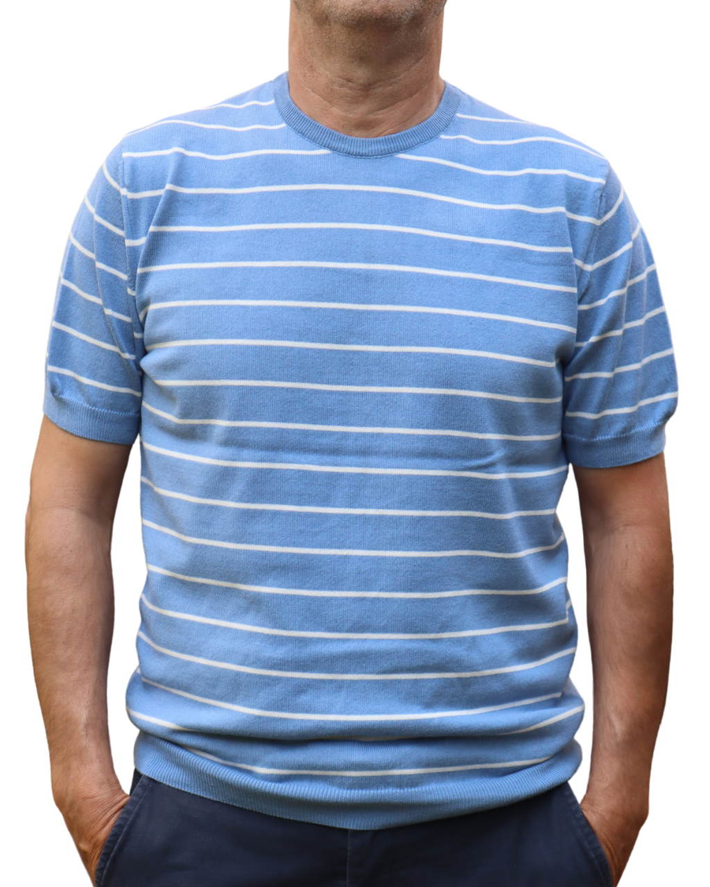 Μπλουζάκι πλεκτό με Ρίγες και Λαιμόκοψη 100% Cotton- Σιέλ