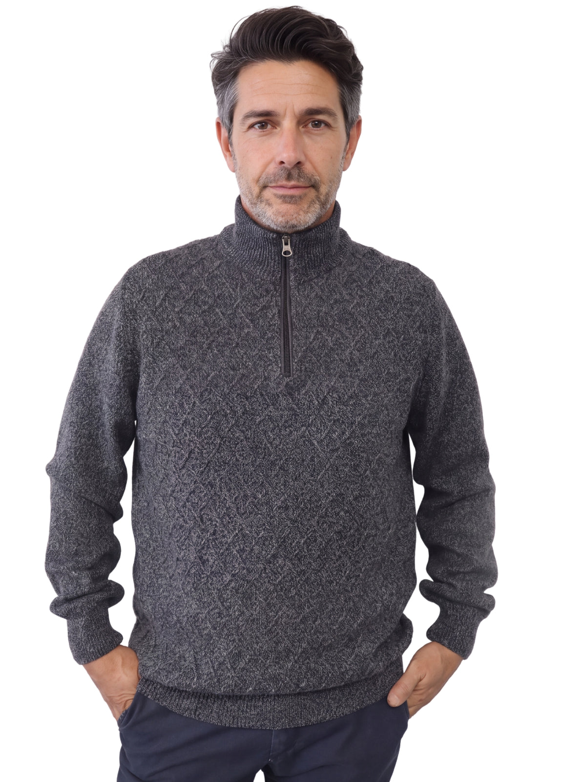 Πλεκτό Half-Zip Πουλόβερ Renzo Uomo με Μελανζέ Πλέξη – Μαύρο